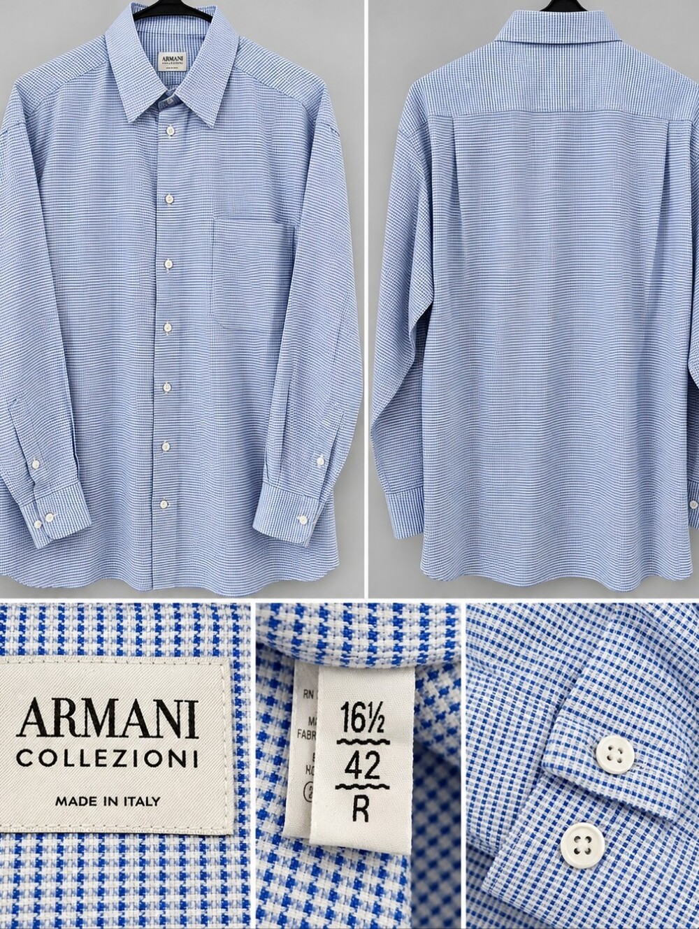 Armani Collezioni Blue and White Micro-Check Dress Shirt
